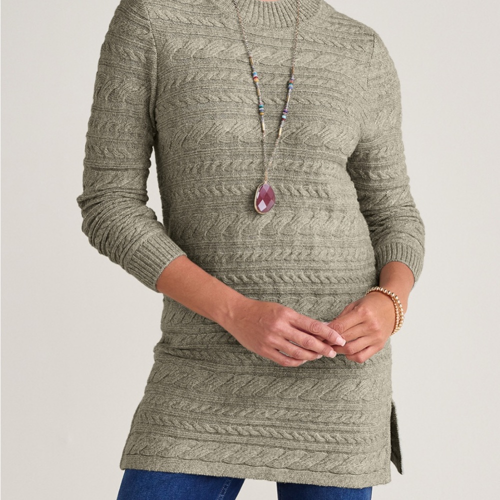 Soft Surroundings Tunic Length Cable Knit Sweater - Sage - Size Small